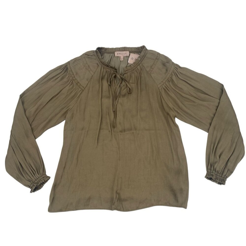 Philosophy Size Small Safari Green Satin Long Sleeve Blouse NWT Ruffle Tie Neck